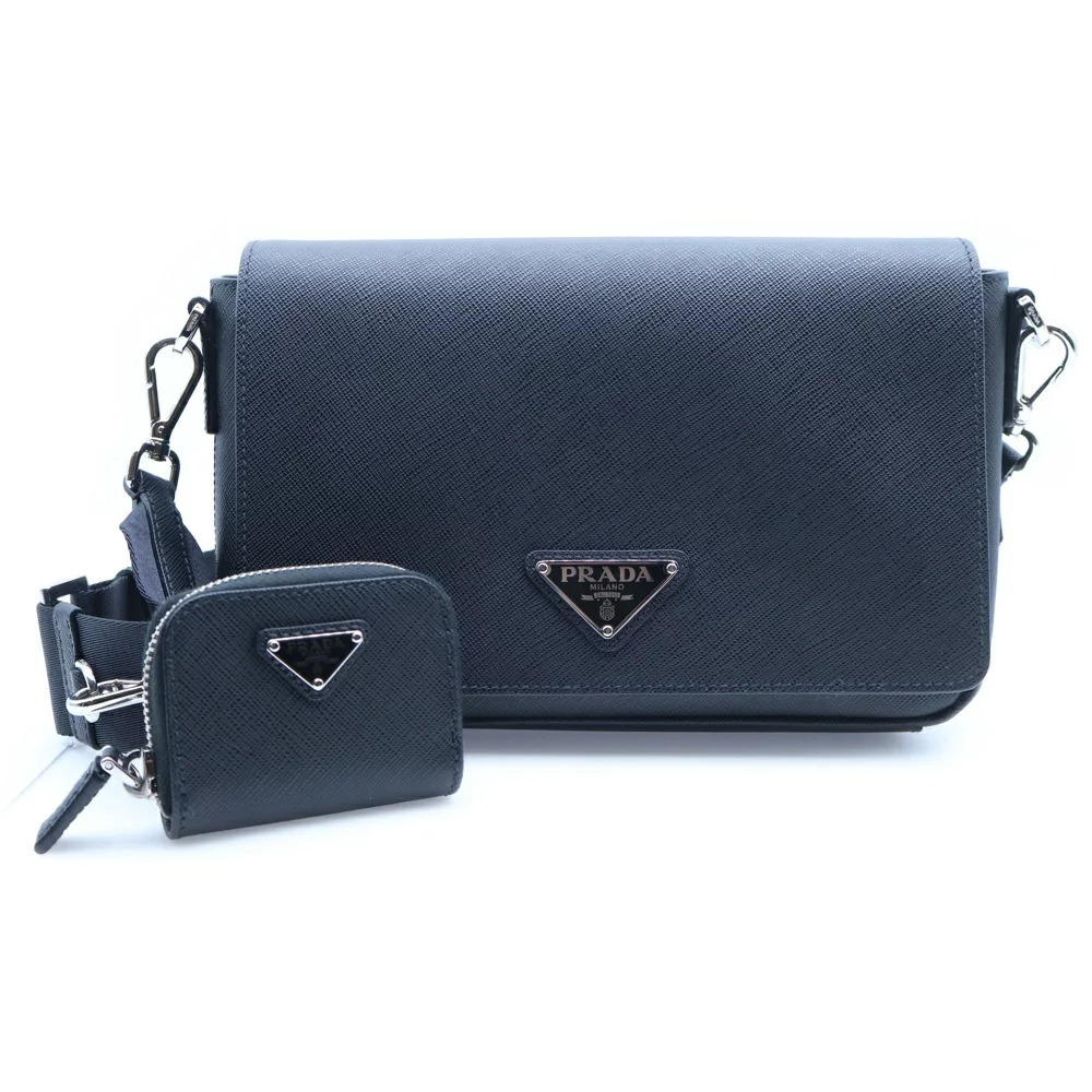 PRADA Triangle Logo Plate Saffiano Leather Shoulder Bag Black